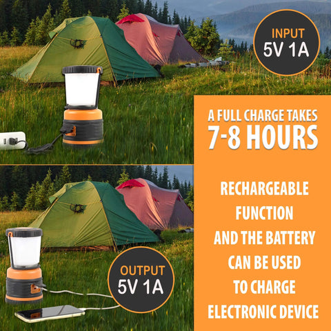 Beast Bright Rechargeable LED Camping Lantern 1800 Lumens with USB cable charging in front of tents outdoors
