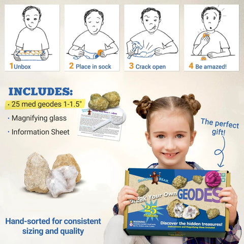 Child holding Break Your Own Moroccan Geodes With Crystals Inside A Hands On Fun Science Kit For Kids Includes 25 Medium 1 To 1.5 Inch Geodes 90 Percent Hollow Easy To Crack Open Educational Info And Instructions Plus Party Favors And Prizes.