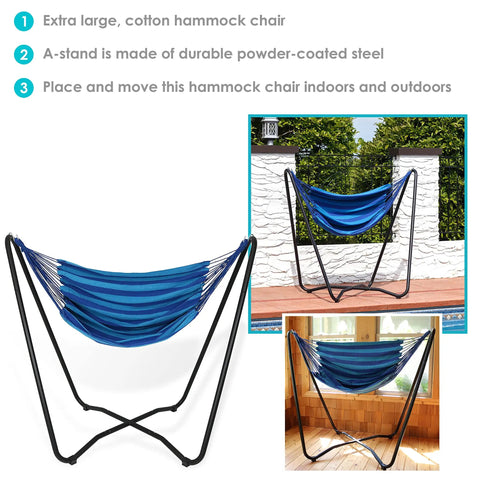 Hanging Hammock Chair With Space Saving Stand For Indoor Or Outdoor Use Cotton Seat Comfort 330 Pound Capacity Beach Oasis Vibes