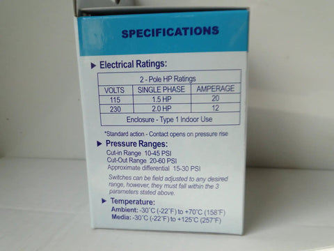 Specifications of Water Well Submersible Pump Pressure Switch 40 60 Psi With One Quarter Inch FPT Connection for home systems