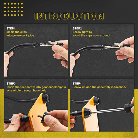 Assembly steps for Four Arm Gooseneck Helping Hands Soldering Stand with Steel Weighted Non Slip Base.