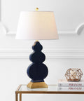 Totally Chic Navy Blue And Gold Ceramic Table Lamp With White Linen Shade, Sleek Mid Century Triple Gourd Design for Bedroom or Office