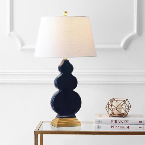 Totally Chic Navy Blue And Gold Ceramic Table Lamp With White Linen Shade, Sleek Mid Century Triple Gourd Design for Bedroom or Office
