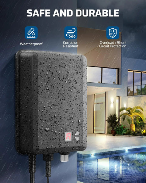 100W Low Voltage Landscape Transformer With Photocell Sensor For Dusk To Dawn Outdoor LED Lighting, mounted on wet wall