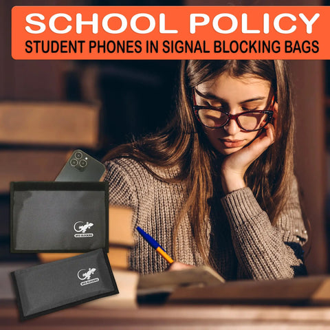 All Signal Shielding Phone And Card Pouch With RFID Blocking And GPS Blocker Dark Gray next to student writing