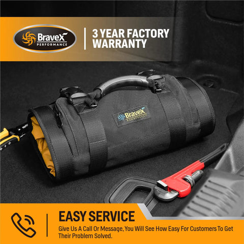 Heavy Duty Roll Up Tool Bag With Kevlar Stitches And YKK Zipper in a car trunk with tools