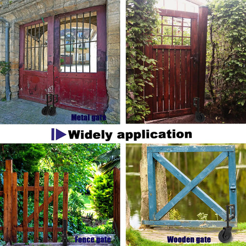 Heavy Duty 4.3 Inch Gate Wheel With Spring Loaded 360 Degree Swivel Rubber Roller For Barn And Wooden Gates Rust Resistant Outdoor Caster Single Pack shown on metal, wooden, and fence gates.