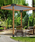 Beefed Up Three Way Right Angle Pergola Brackets Kit For 4x4 Posts showcasing a constructed pergola with wooden beams in a garden.