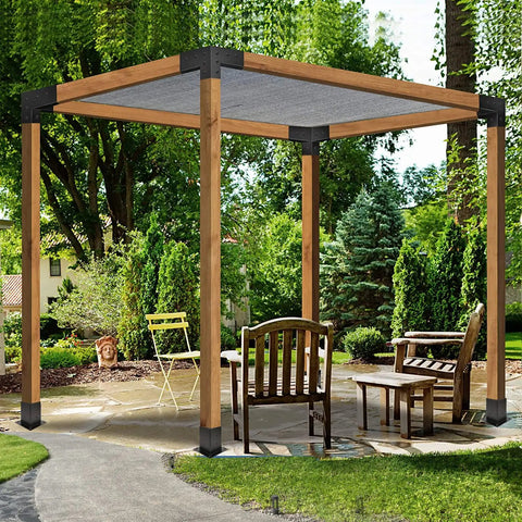 Beefed Up Three Way Right Angle Pergola Brackets Kit For 4x4 Posts showcasing a constructed pergola with wooden beams in a garden.