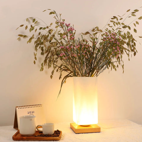 Vase Table Lamp With Frosted Glass Shade And Wood Base Dimmable 3 Color LED Bedside Light USB Charge Artistic Vase Lamp For Bedroom Decor DIY Petals To Create Cozy Vibe