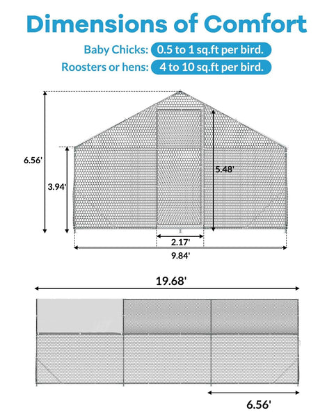 Diagram showing dimensions of Walk In Chicken Coop For Hens With Waterproof UV Resistant Cover with peaked roof and measurements.