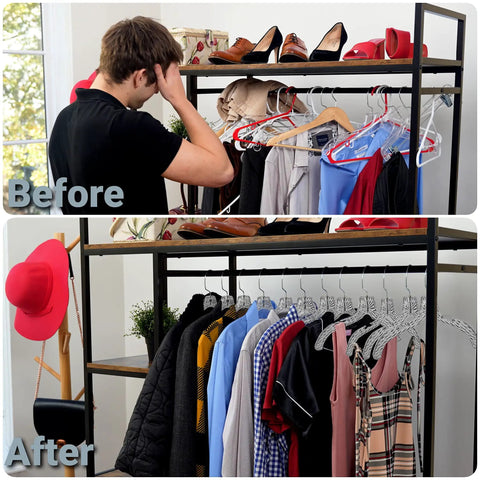 Before and after closet makeover with Heavy Duty Plastic Clothes Hangers Set Of 12 For Wardrobe Organization Space Saving Crystal Clear Hangers