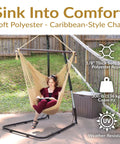 Woman reading on Outdoor Hammock Chair Swing For Reading And Lounging On The Patio Or Indoors 300 Lb Capacity Caribbean XL Tan