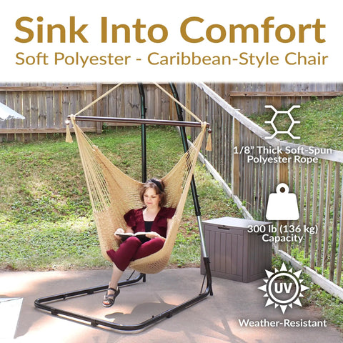 Woman reading on Outdoor Hammock Chair Swing For Reading And Lounging On The Patio Or Indoors 300 Lb Capacity Caribbean XL Tan