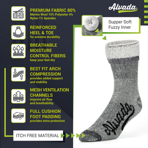 Merino Wool Hiking Socks For Men And Women Thermal Warm Crew Boot Socks For Cold Weather Comfort Fit For Trails Three Pairs Size ML Ideal For Outdoor Adventures, grey sock with soft fuzzy inner.