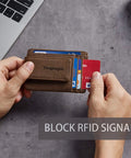 Person holding Ultra Slim Wallet For Men With RFID Blocking 13.56 MHz, Front Pocket Money Clip, Coffee Color, demonstrating usage