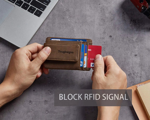 Person holding Ultra Slim Wallet For Men With RFID Blocking 13.56 MHz, Front Pocket Money Clip, Coffee Color, demonstrating usage