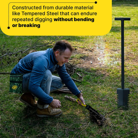 Man using Heavy Duty Metal Detecting Shovel Tool With Double Serrated Edge Digger for outdoor treasure hunting