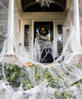 1000 Square Feet Spider Web Halloween Decor with 30 Fake Spiders White Cobweb Mesh on porch with pumpkins for spooky entrance.