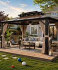 Hardtop Outdoor Gazebo With Double Layer Polycarbonate Roof And Aluminum Frame Pavilion With Curtains And Netting 10x13 Foot Sunshade For Garden Lawn Patio Sturdy Backyard Hangout Canopy For All Seasons installed on a patio with seating.
