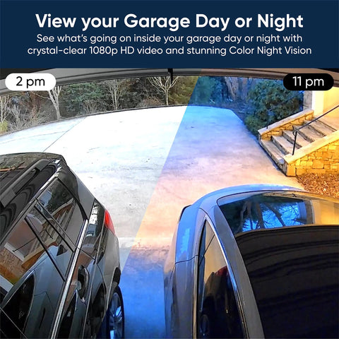 Smart Garage Door Opener with 1080P video, color night vision view showing day and night comparison, remote access enabled