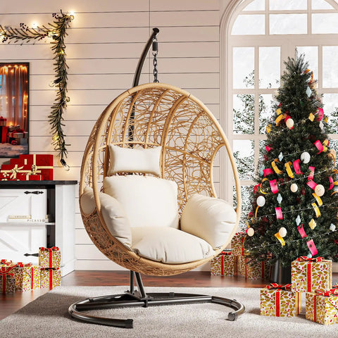 Oversized Hanging Egg Chair With Stand For Indoor And Outdoor Use Wicker Swing Chair With 400Lb Capacity Perfect For Bedroom Patio Garden Or Balcony Beige Nest Extra Wide Comfort For One Person in holiday setting