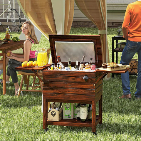 54 Quart Wooden Patio Cooler Cart With Wheels And Foldable Side Shelves Bottle Opener And Bottom Storage Insulated Beverage Cooler
