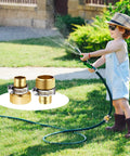 Four Pack Solid Brass Garden Hose Mender Kit With Male And Female Couplers For Five Eighth Inch Hoses Includes Tape Stainless Steel Clamp And Three Quarter Inch Rubber Gasket For Quick Leak Free Fixes, shown near child using hose