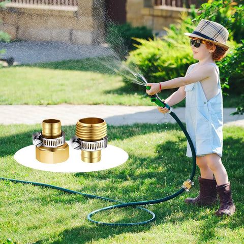 Four Pack Solid Brass Garden Hose Mender Kit With Male And Female Couplers For Five Eighth Inch Hoses Includes Tape Stainless Steel Clamp And Three Quarter Inch Rubber Gasket For Quick Leak Free Fixes, shown near child using hose
