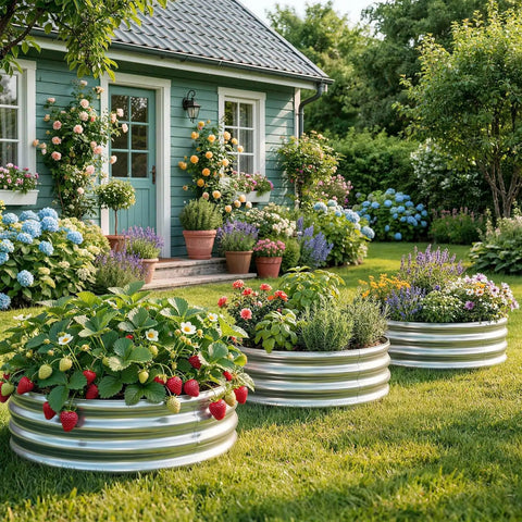 Front view of Two By Two By One Foot Galvanized Raised Garden Bed Set For Outdoor Use Durable Metal Planter Beds with plants