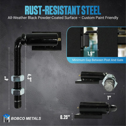 Heavy Duty 5/8 Inch Weld On Gate Hinges For Driveway And Fence Gates, Steel With Rust Resistant Black Powder Coat Finish, Built Tough For Outdoor Use, 4 Pack, Each Pair Supports Up To 300 Lb. black steel weld-on hinge set with 1.5 inch gap and 5/8 inch pin