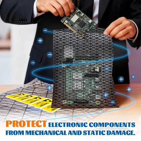 Open Top Antistatic Bags 12x16 Inches Premium ESD Safe Bags with stickers protecting a motherboard and electronics.