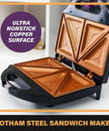 Gotham Steel Nonstick Panini Press And Sandwich Maker Grill with copper nonstick surface open, ready for sandwiches.