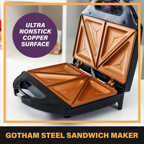 Gotham Steel Nonstick Panini Press And Sandwich Maker Grill with copper nonstick surface open, ready for sandwiches.