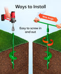 Installation guide for 18 Inch Heavy Duty Ground Anchors Kit Four Pack Green showing drill use and manual turn for spiral augers.