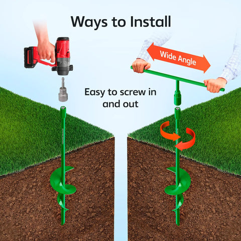 Installation guide for 18 Inch Heavy Duty Ground Anchors Kit Four Pack Green showing drill use and manual turn for spiral augers.
