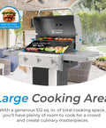 Three Burner Propane Gas Grill With 30000 BTUs Cast Iron Grates 512 Square Inches Of Total Cooking Surface Including 381 Primary And 131 Warming Rack Folding Side Tables Wheels And Tool Hooks Outdoor Black with open lid showing cooking areas