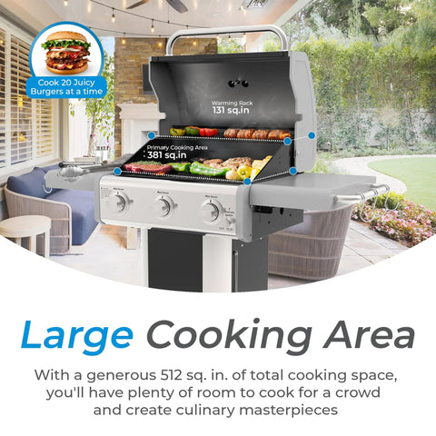 Three Burner Propane Gas Grill With 30000 BTUs Cast Iron Grates 512 Square Inches Of Total Cooking Surface Including 381 Primary And 131 Warming Rack Folding Side Tables Wheels And Tool Hooks Outdoor Black with open lid showing cooking areas