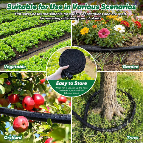 Soaker Hose 50 Ft Half Inch Linkable Garden Drip Irrigation System used in vegetable garden, flowerbed, orchard, and around tree.