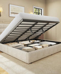 Sick King Size Lift Up Storage Platform Bed With Top Shelf Linen Wingback Headboard And Heavy Duty Noise Free Hydraulic Gas Lift For Huge Hidden Underbed Stash That Boosts Room Vibes In Beige with lifted top revealing storage space.