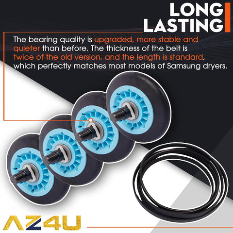 Dryer Repair Kit With Drum Rollers And Belt Pulley Replacement For Samsung Dryers DV210AEW XAA DV218AEW XAA DV330AEW XAA DV209AEW XAA DV218AEB XAA DV328AEW XAA DV350AEW XAA DV40J3000EW A2 DV45H7000EW A2 DV50K8600EV A3 Easy DIY Fix For Noisy Or Wobbly