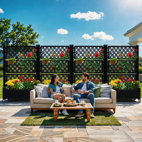 Outdoor Planter Boxes With Trellis Two Pack Resin Raised Garden Beds On Wheels With Drain Plugs 61 Inch Tall Weatherproof Privacy