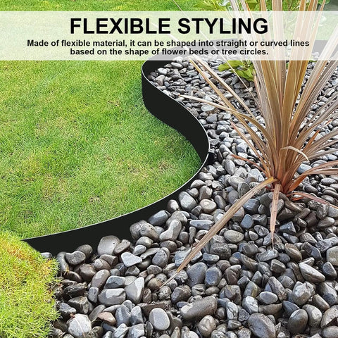4 Inch UV-Resistant Landscape Edging Kit, 200 Ft Black Lawn Border Roll With 180 Spikes, Flexible PE Plastic Garden Edge showing curved line