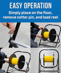 Beefy Steel Cable Caddy for reels up to 20 inches in diameter and 100 lb capacity with a stable two-leg design being loaded with cable