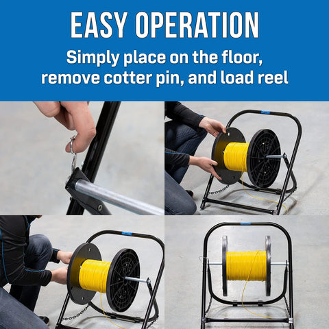 Beefy Steel Cable Caddy for reels up to 20 inches in diameter and 100 lb capacity with a stable two-leg design being loaded with cable