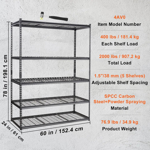 Beefy 5 Tier Adjustable Storage Shelving Unit Black With 2000 Lb Capacity Ideal For Garage Workshop Or Warehouse Organization And Heavy Duty Steel Load Bearing Rack, 60x24x78 in