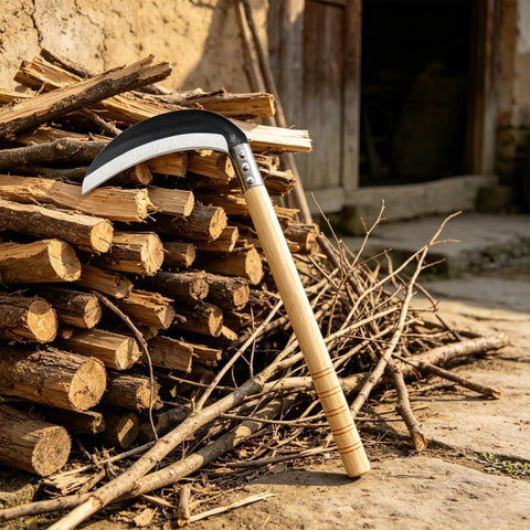 Lightweight Wood Handle Grass Sickle With Carbon Steel Blade for easy weeding and lawn care, 8.3-inch blade against firewood