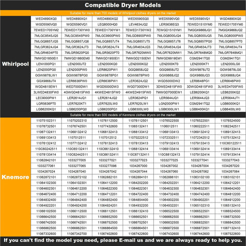 All In One Dryer Repair Kit compatible models list for Whirlpool and Kenmore dryers with part numbers.