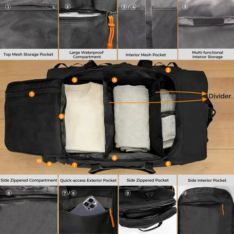 Khalor black rolling duffle bag, 28-inch, 3-wheel luggage opened to show interior compartments and folded clothes
