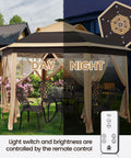 Easy Pop Up 13x13 Patio Gazebo Tent With All Around Mesh Sides And 25 Solar LED Lights Hexagonal Double Vent Three Height Adjustable in Khaki and Brown